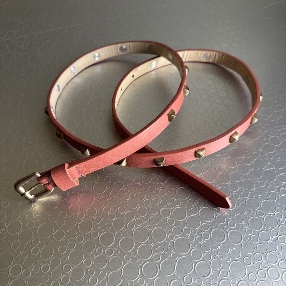 Vintage Skinny Studded Belt Salmon Pink Gold Tone Studs Y2K Indie - Size M L